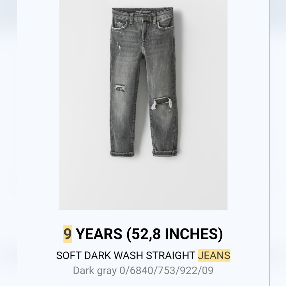 Zara Soft Dark Black wash distressed straight jeans size 9